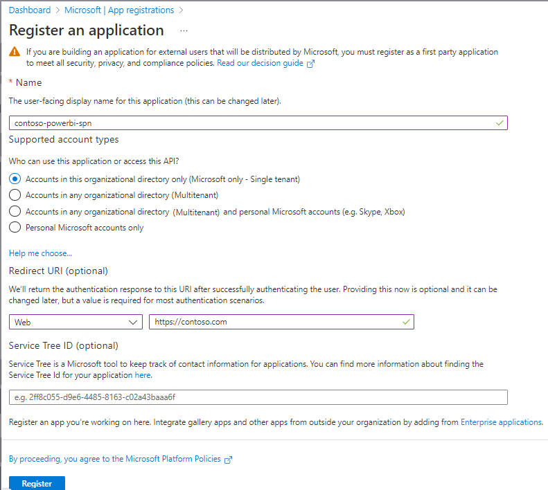 显示在 Microsoft Entra ID 中创建应用的屏幕截图。