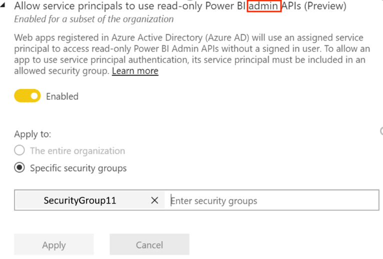 该图显示如何允许服务主体获取只读 Power BI 管理员 API 权限。