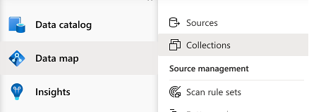 Microsoft Purview 治理门户左侧菜单的屏幕截图。选择了“数据映射”选项卡，然后选择了“集合”选项卡。