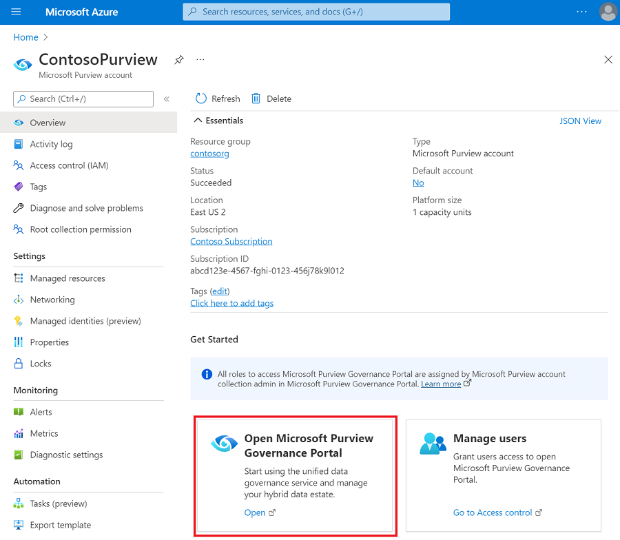 Azure 门户中 Microsoft Purview 窗口的屏幕截图，其中突出显示了 Microsoft Purview 治理门户按钮。