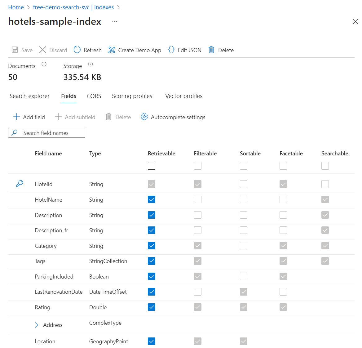 屏幕截图显示了 Azure 门户中 Azure AI 搜索服务中索引的架构定义。