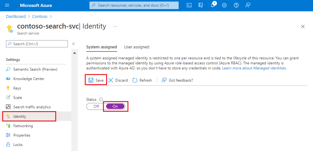 Azure 门户中“标识”页的屏幕截图。