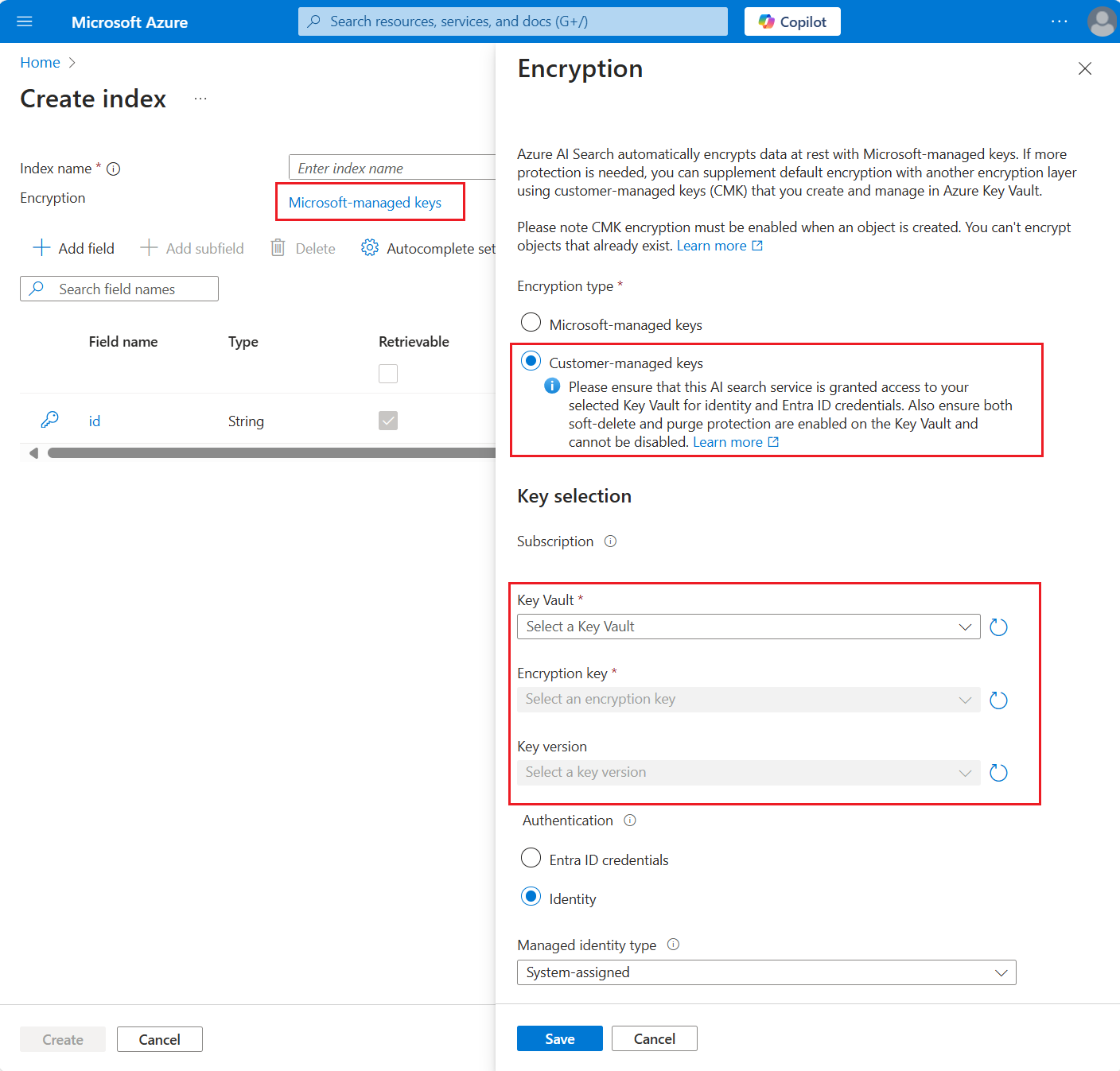 Azure 门户中加密密钥页的屏幕截图。