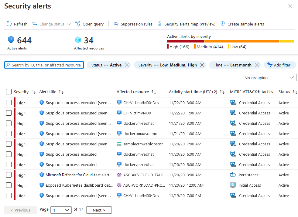 Microsoft Defender for Cloud 的安全警报列表