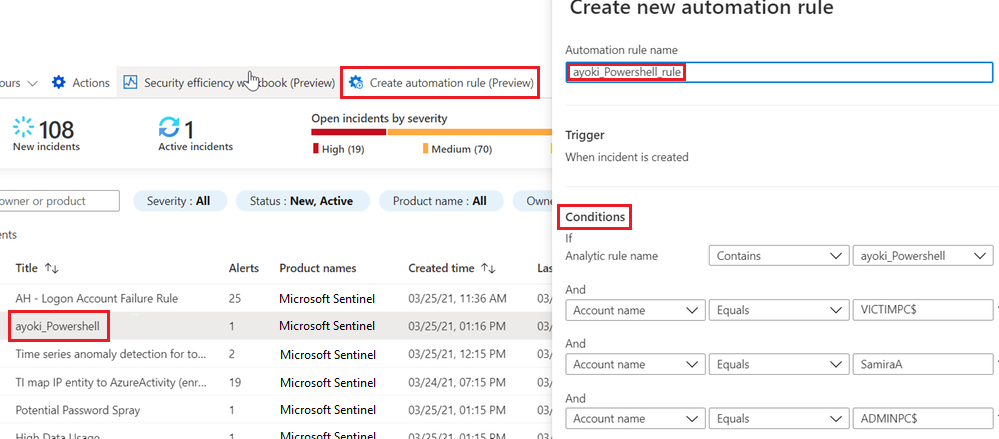 显示如何在 Microsoft Sentinel 中为事件创建自动化规则的屏幕截图。