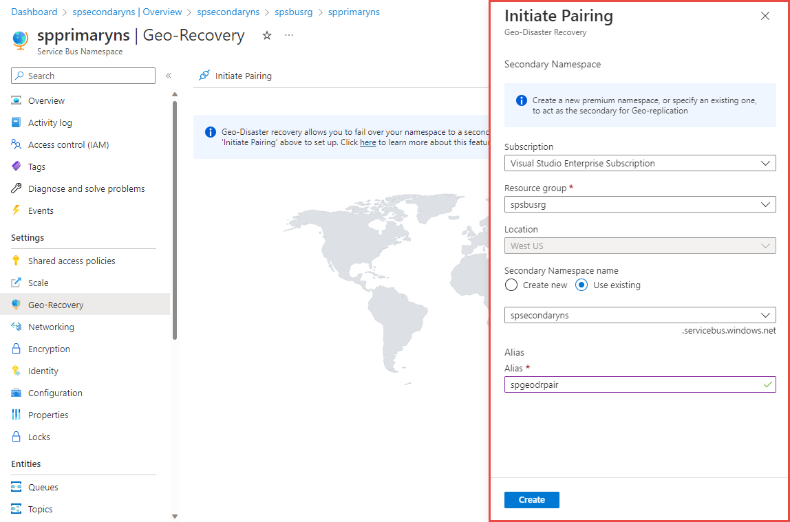 显示 Azure 门户中的“启动配对”页的屏幕截图。