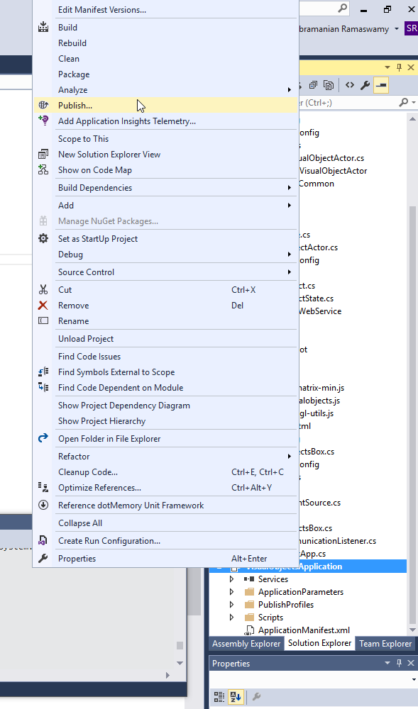 Context menu for a Service Fabric application