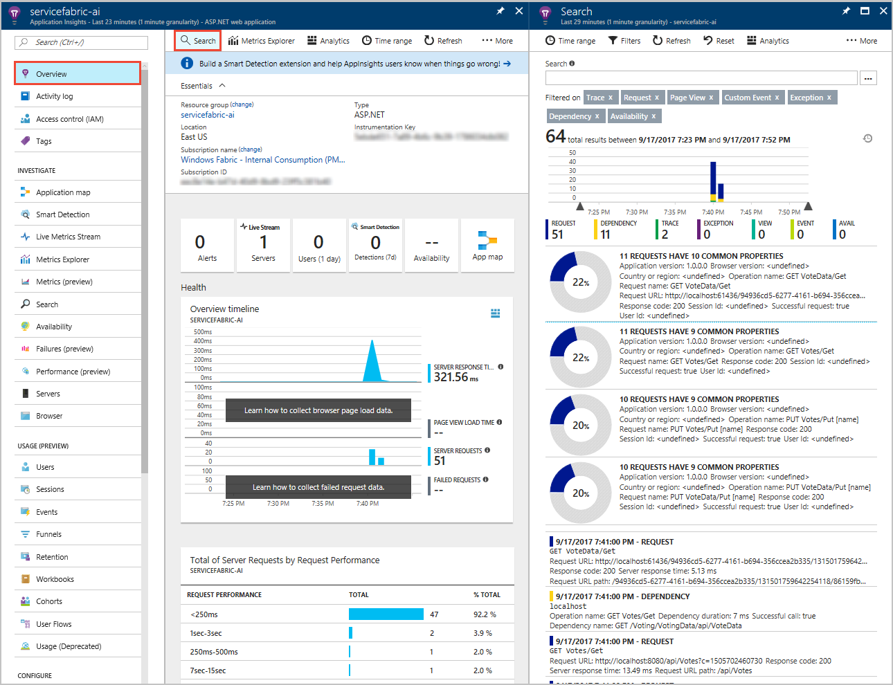 显示 Application Insights 查看跟踪视图的屏幕截图。