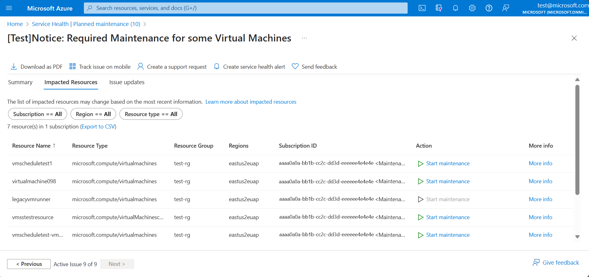 Azure 服务运行状况中受计划内维护影响的资源屏幕截图。