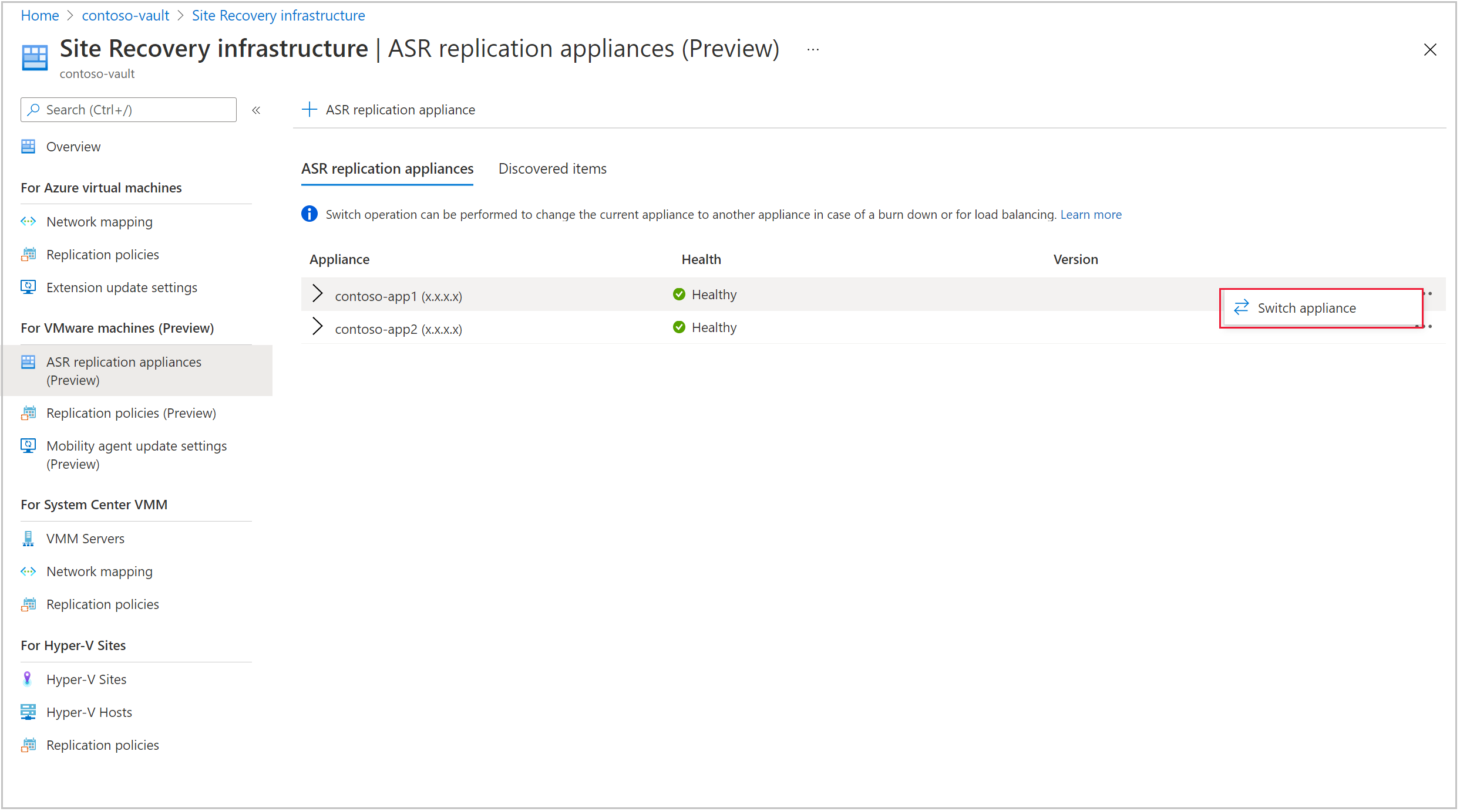 Select replication appliance to switch