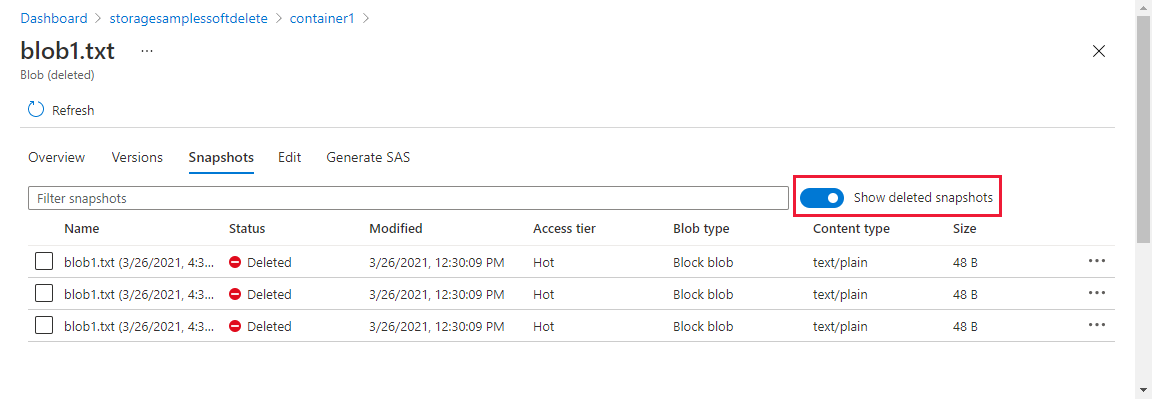 屏幕截图显示如何在 Azure 门户中显示已删除的快照。