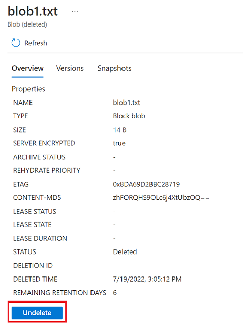 显示如何在 Azure 门户中还原软删除的 Blob 的屏幕截图