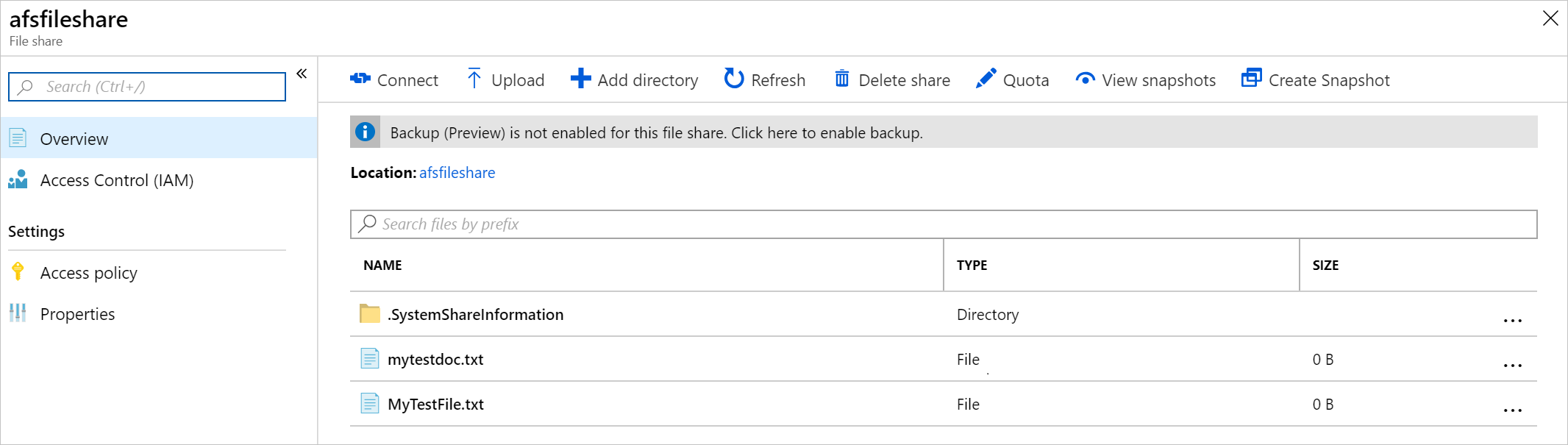 显示文件已成功与 Azure 文件共享同步的屏幕截图。