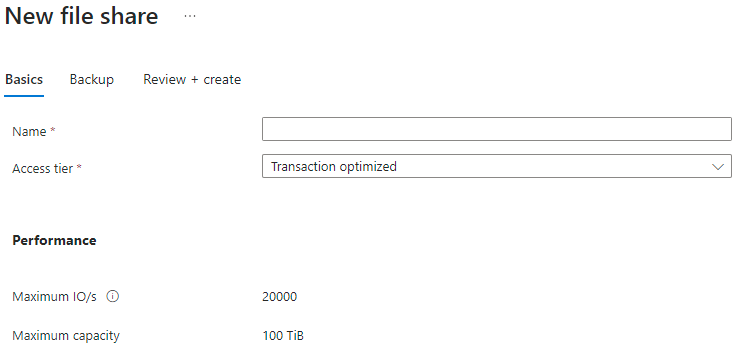 即用即付存储帐户的新文件共享边栏选项卡的“基本信息”选项卡的屏幕截图。