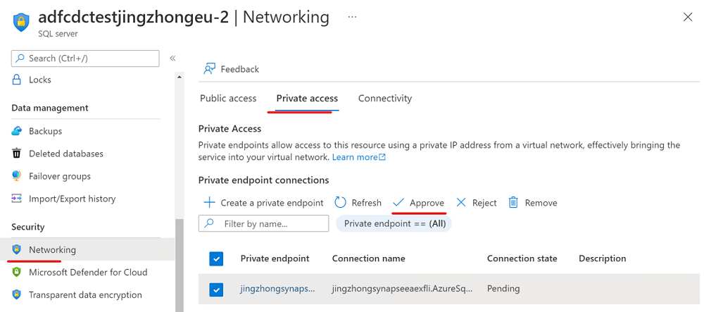 新 Azure SQL 数据库链接服务专用终结点 3 的屏幕截图。