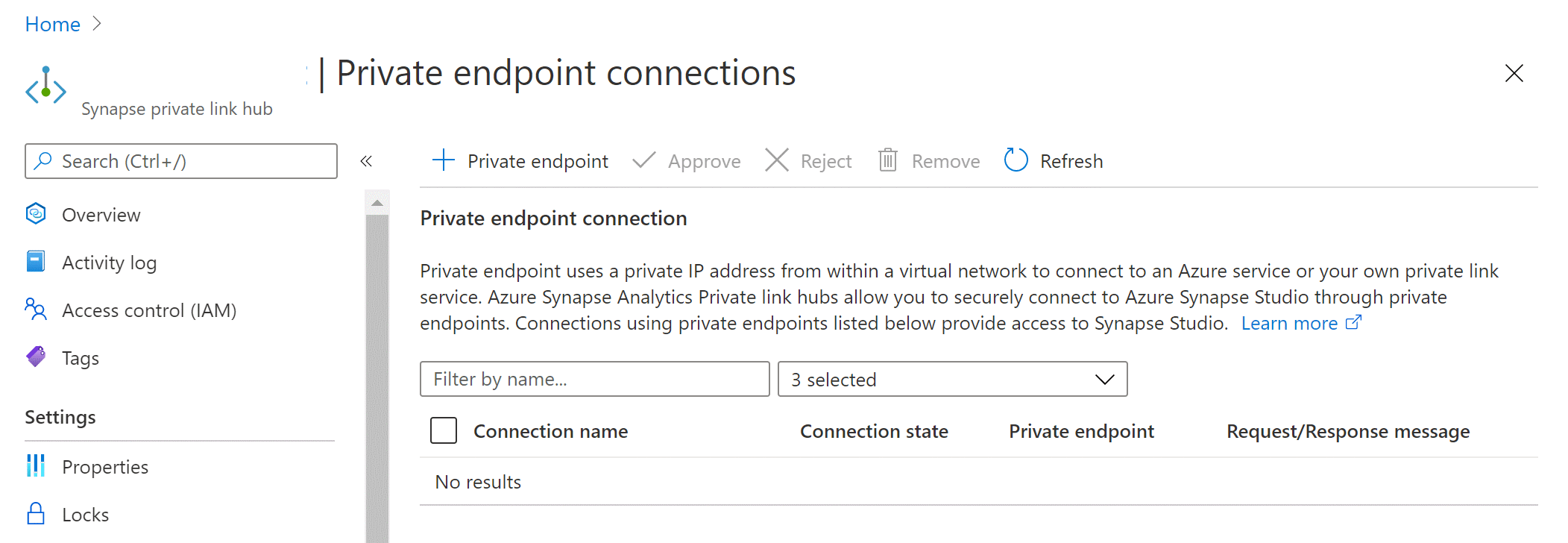 Screenshot that shows the private endpoint connections page.