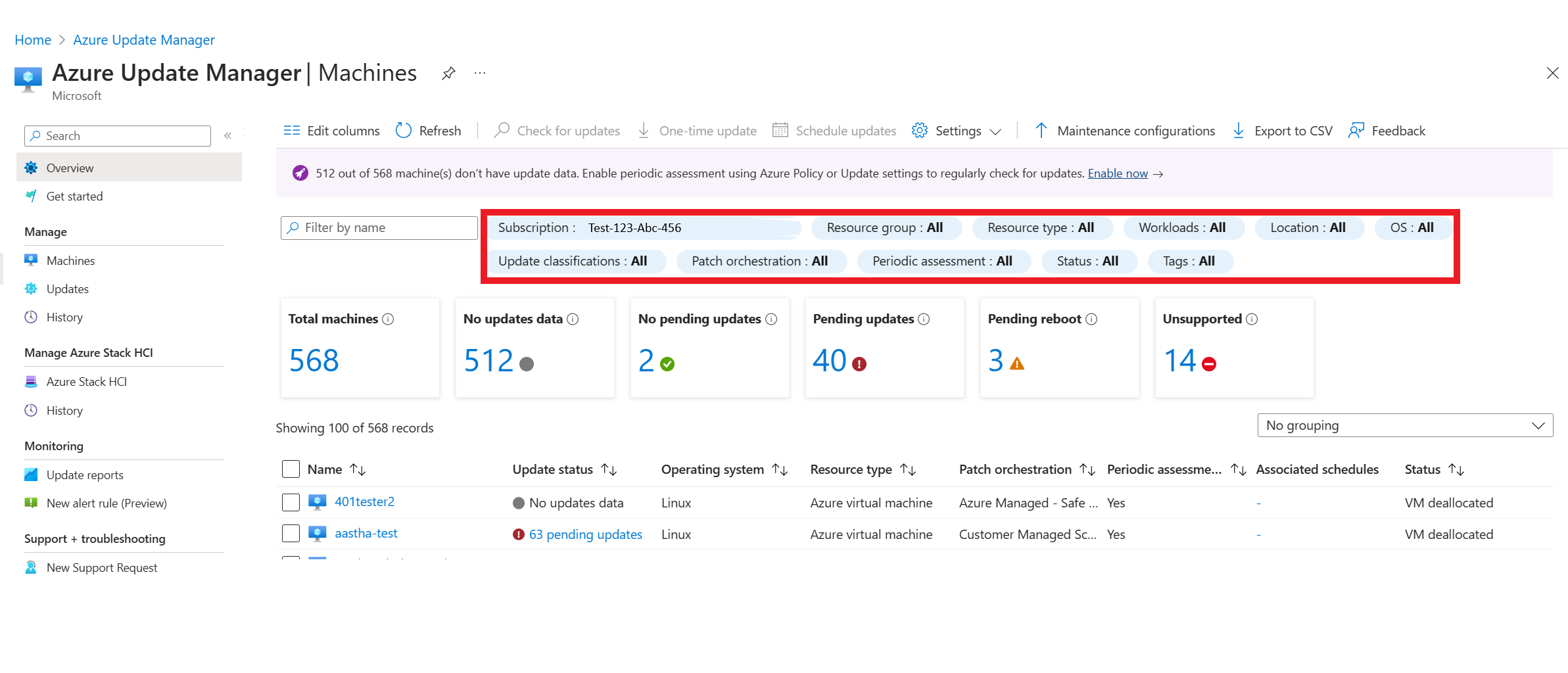 在 Azure 更新管理器中选择筛选器以查看计算机的屏幕截图。