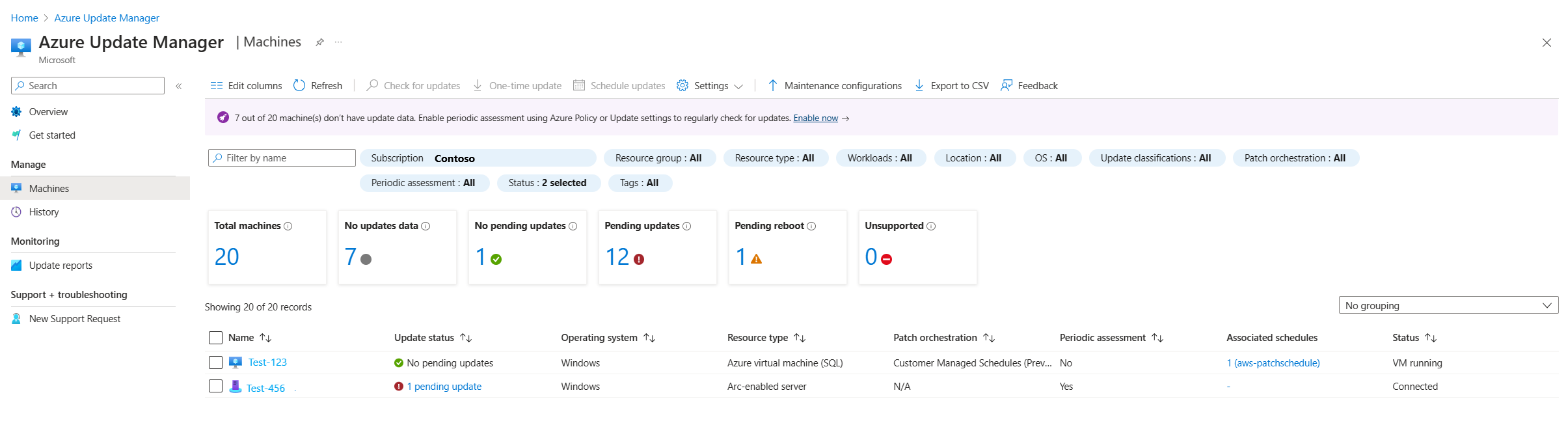 显示 Azure 门户中的“更新管理器计算机”页面的屏幕截图。