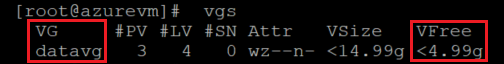 屏幕截图显示了用于检查 VG 上的空间的代码。突出显示了命令和结果。