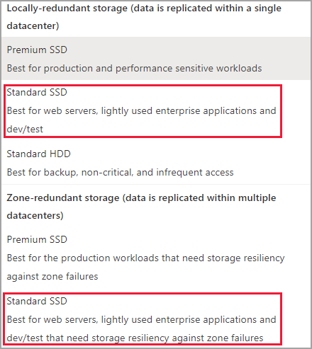 磁盘 SKU 的屏幕截图，其中已突出显示标准 SSD LRS 和 ZRS SKU。