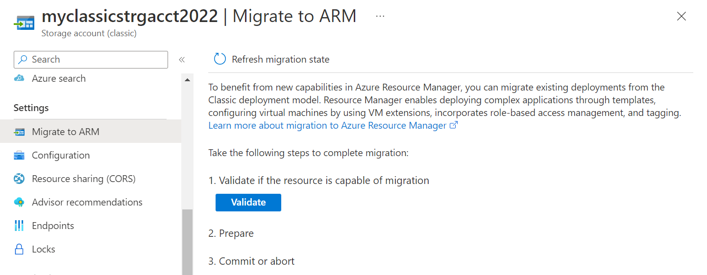 屏幕截图显示用于将经典存储帐户迁移到 Azure 资源管理器的页面。