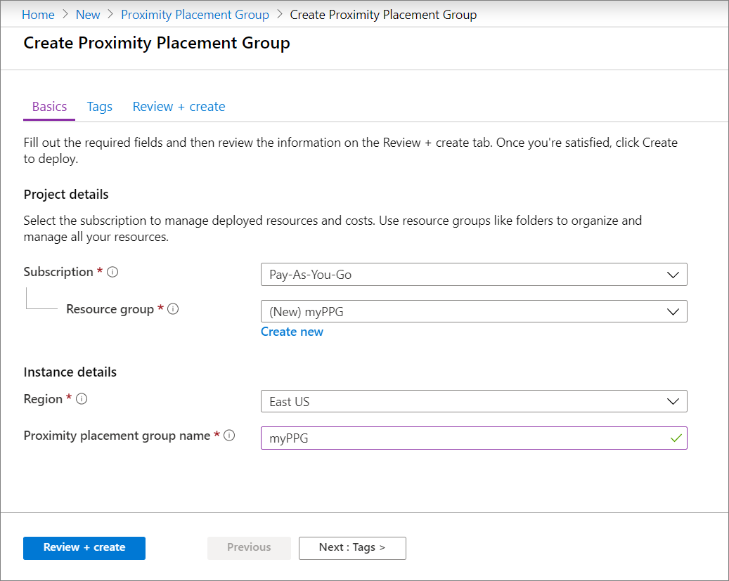 Screenshot of creating a proximity placement group