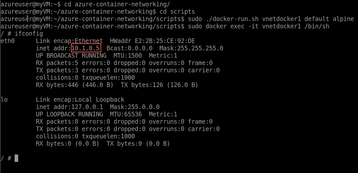 屏幕截图显示测试容器的 Bash 提示符中的 ifconfig 输出。