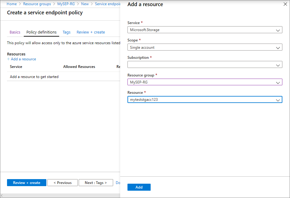 Service endpoint policy definition - resource